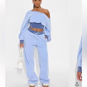 Fashion Nova Light Blue Off-Shoulder Jogger Set